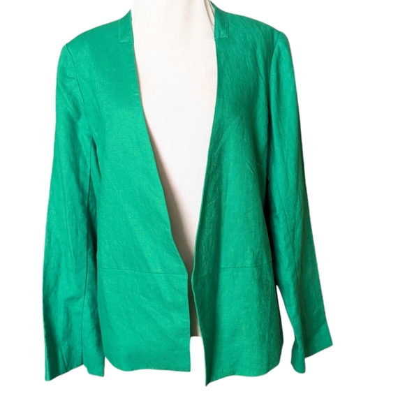 Neiman Marcus Linen Blazer Large Green Open Back Slit Modern Jacket Light Solid - Picture 1 of 4